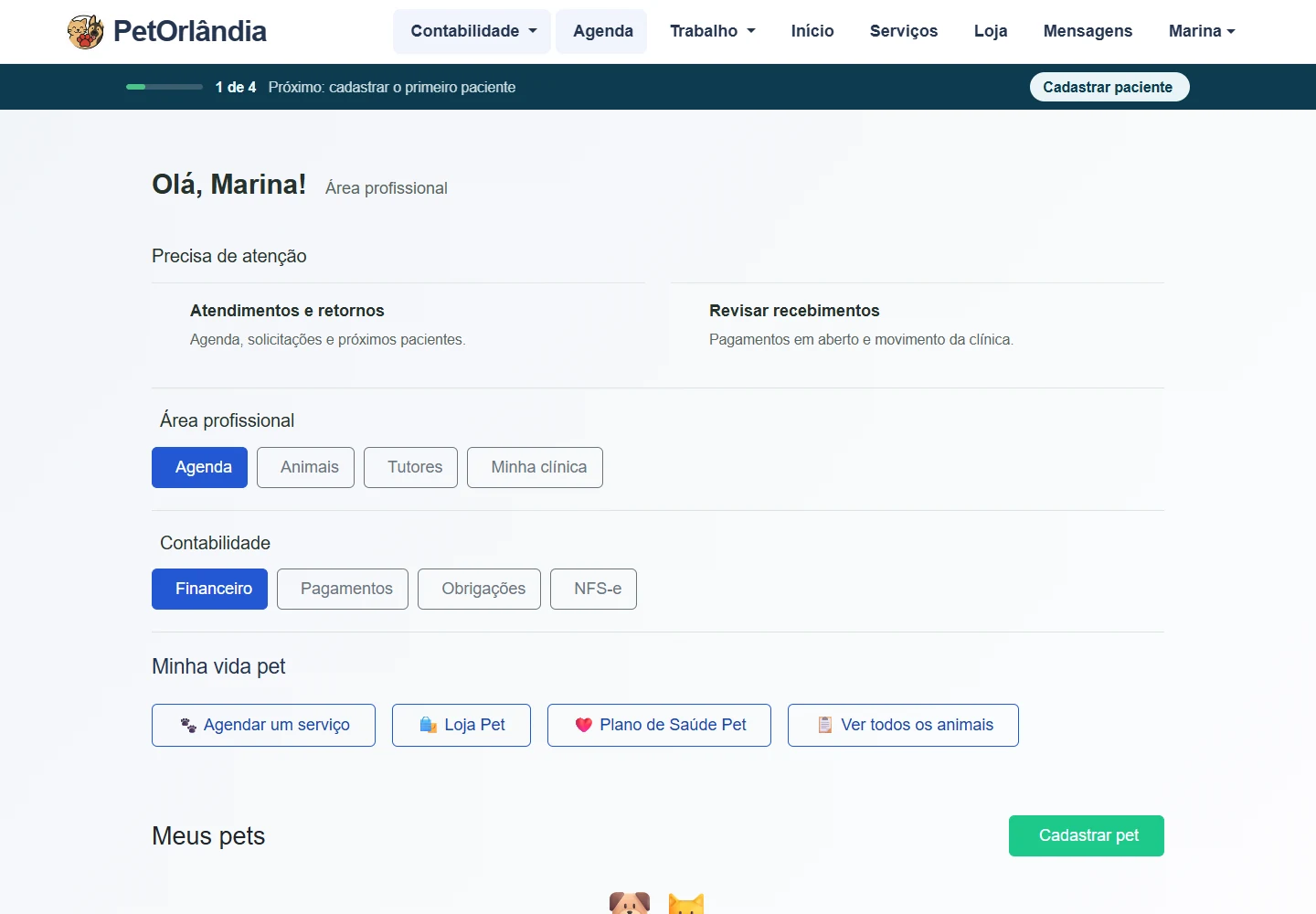 Página de trabalho do PetOrlândia com agenda, pacientes e próximos cuidados.